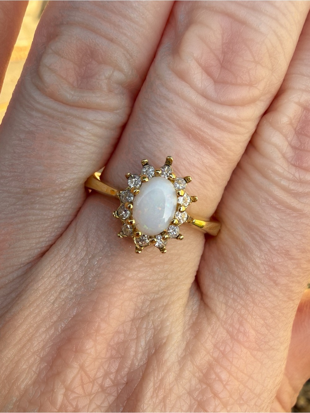 Vintage Style Faux Opal Halo Ring | Gold Tone Rhinestone Cocktail Ring | Size 7
